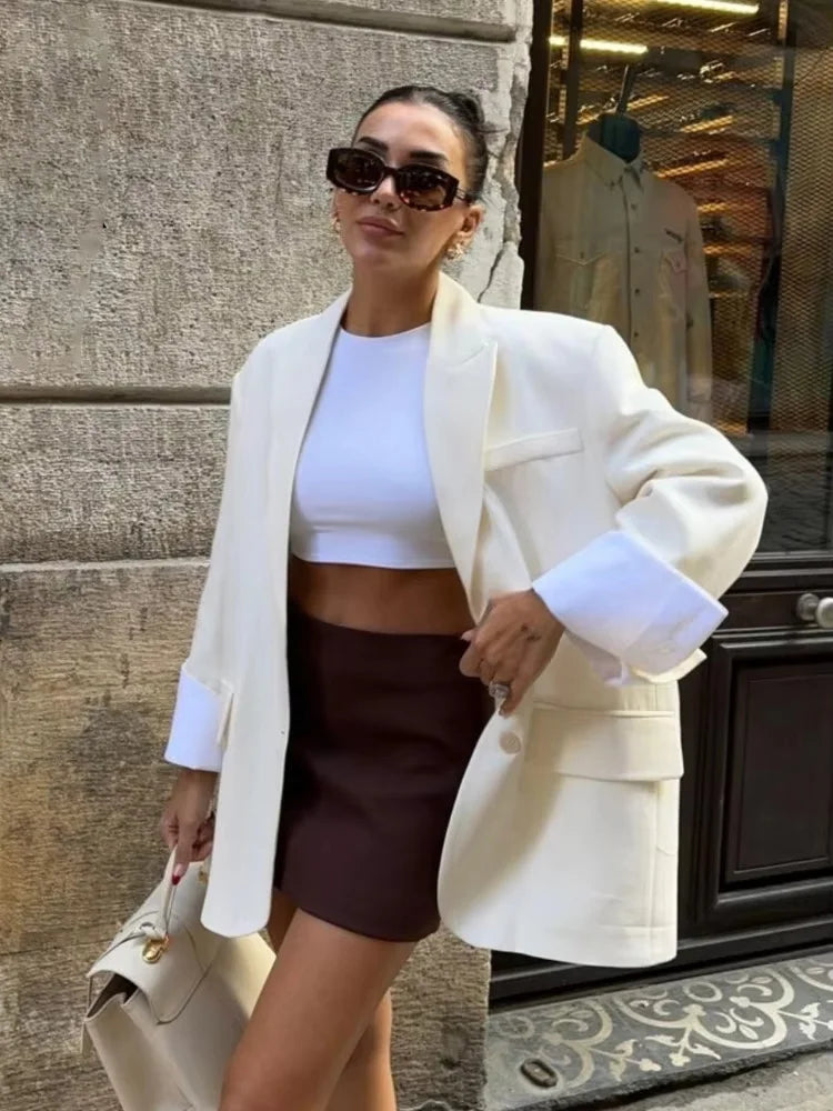Elegant Blazer Coat For Women Fashion Pockets Lapel Oversized Suit Jackets 2025 New Autumn Office Lady Casual Loose Outerwear