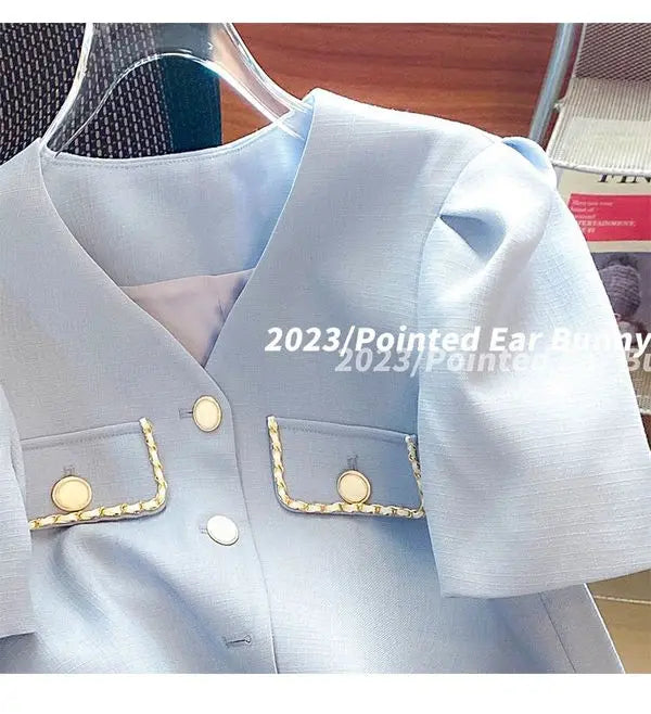 Suits for Women Tracksuit Two Piece Set V Neck Short Sleeve Coat Ropa Club Wide Leg Tailored Trousers Casual Pants Sets