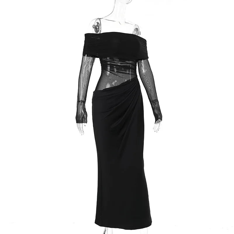 Y2k Summer New Solid Color Long Sleeve Off Shoulder Dresses Sexy Wrap Hip Mesh See Through Ruched Patchwork Long Dress 2024 New
