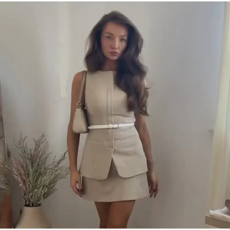 Casual Mini Dress Women Belt Slim Spring Summer O-neck Sleeveless Top Above Knee Skirt Sets Woman Vintage Fake Two Pieces Lady