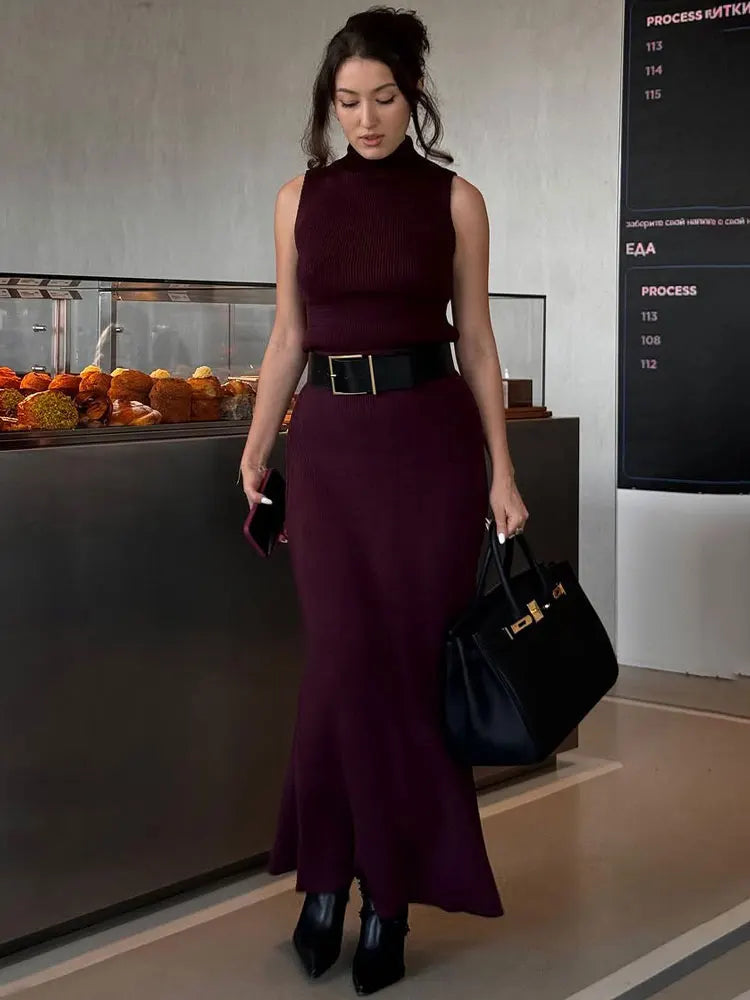 Tossy Elegant Knitwear 2 Piece-Set Long Dress Female Ribbed Sweater Pullover And Loose Patchwork Maxi Skirt Sets Ladies Outfits