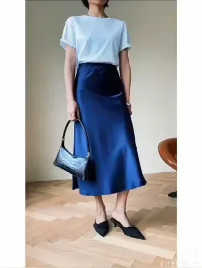 Fashion Women's Skirt A-line Silk High Waist Elegant Skirts Green Blue Long Summer Skirts Korean Side Zipper Office Satin Skirt