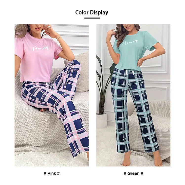Women's Pajamas Set Casual Home Clothes Soft Comfortable Crew Neck T-Shirt & Plaid Pants Sleepwear Piece Loungewear Pyjama Femme