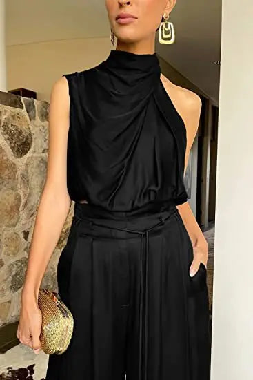 Women's Two Piece Pants Sets Open Navel Outfit Silk Pleated Texture Sleeveless Top Wide Leg Pants Set Summer Matching Sets 2024