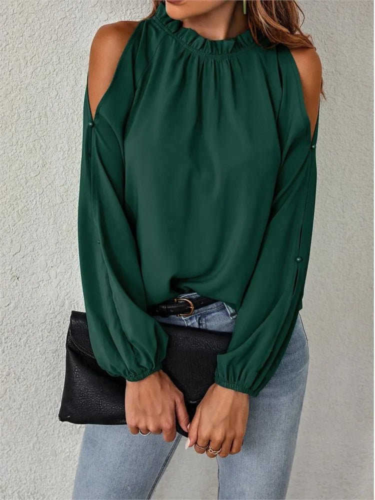 Sexy Off Shoulder Women's Blouse 2023 Spring Autumn Long Sleeve Casual Loose Shirt Black Green Tops Office Ladies Blouses