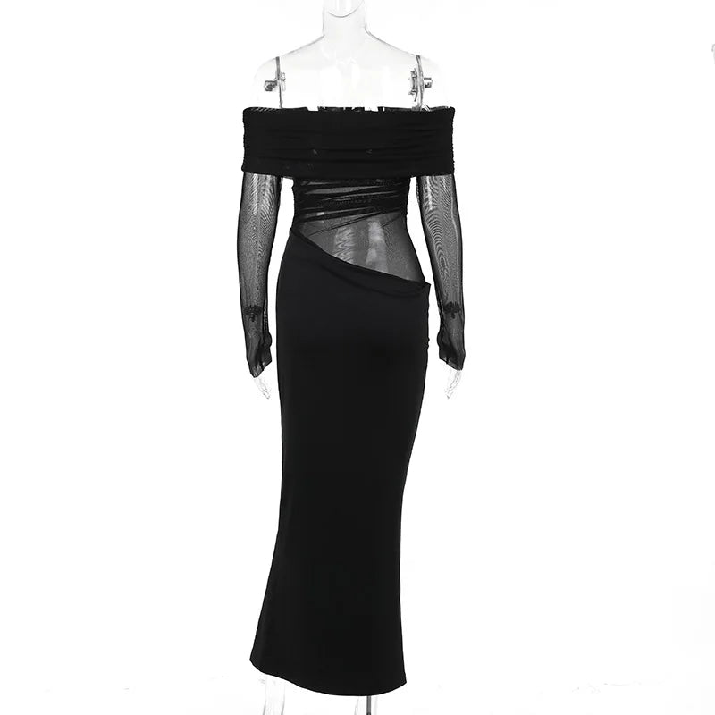 Y2k Summer New Solid Color Long Sleeve Off Shoulder Dresses Sexy Wrap Hip Mesh See Through Ruched Patchwork Long Dress 2024 New