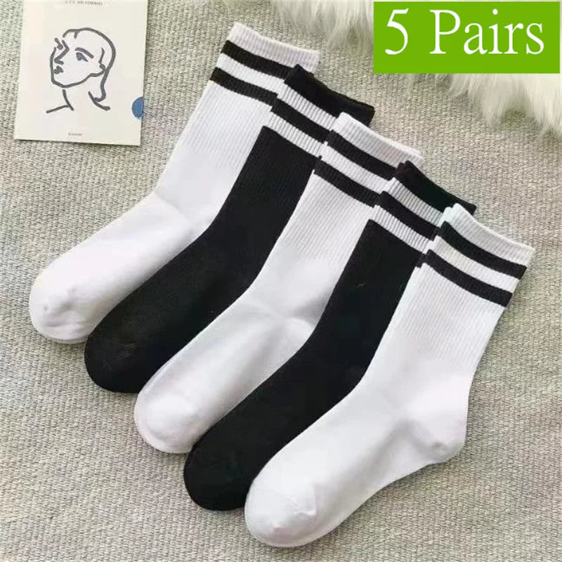 1/5/10 Pairs women's and men's white sock, mid length socks, Korean version socks, striped autumn and winter casual sports sock