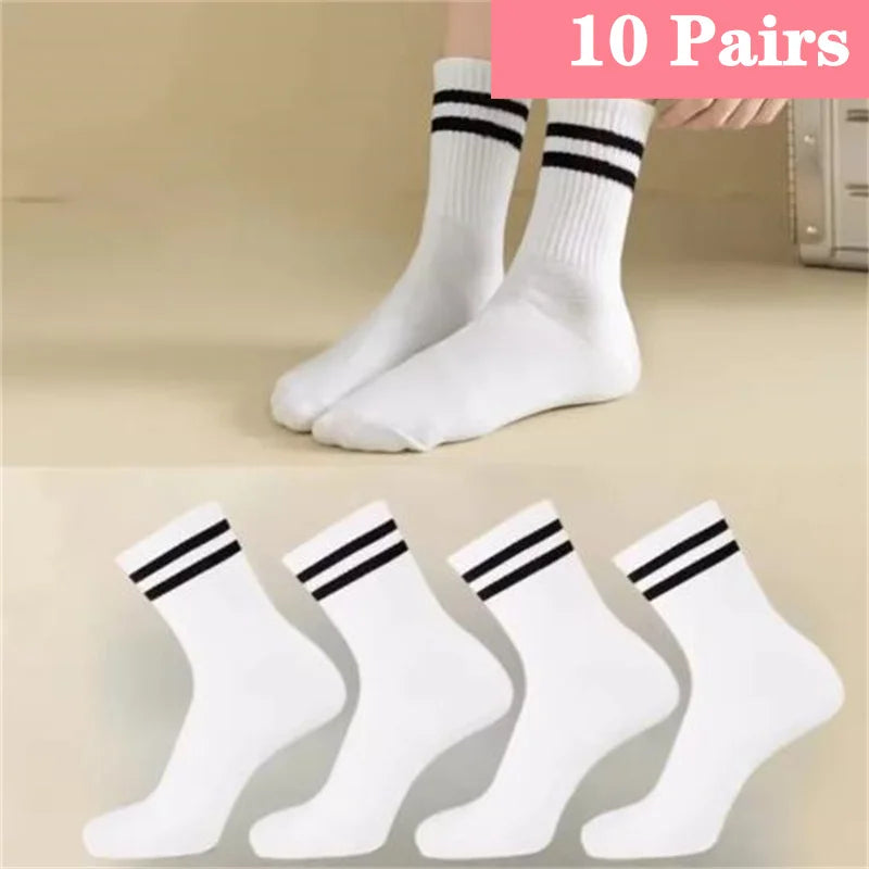 1/5/10 Pairs women's and men's white sock, mid length socks, Korean version socks, striped autumn and winter casual sports sock