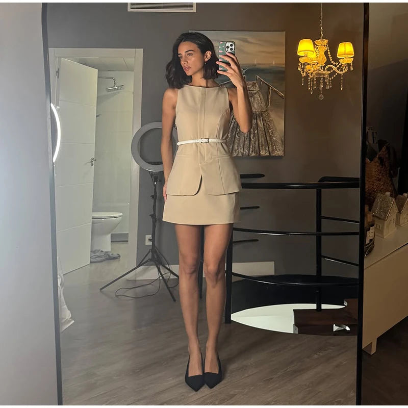 Casual Mini Dress Women Belt Slim Spring Summer O-neck Sleeveless Top Above Knee Skirt Sets Woman Vintage Fake Two Pieces Lady