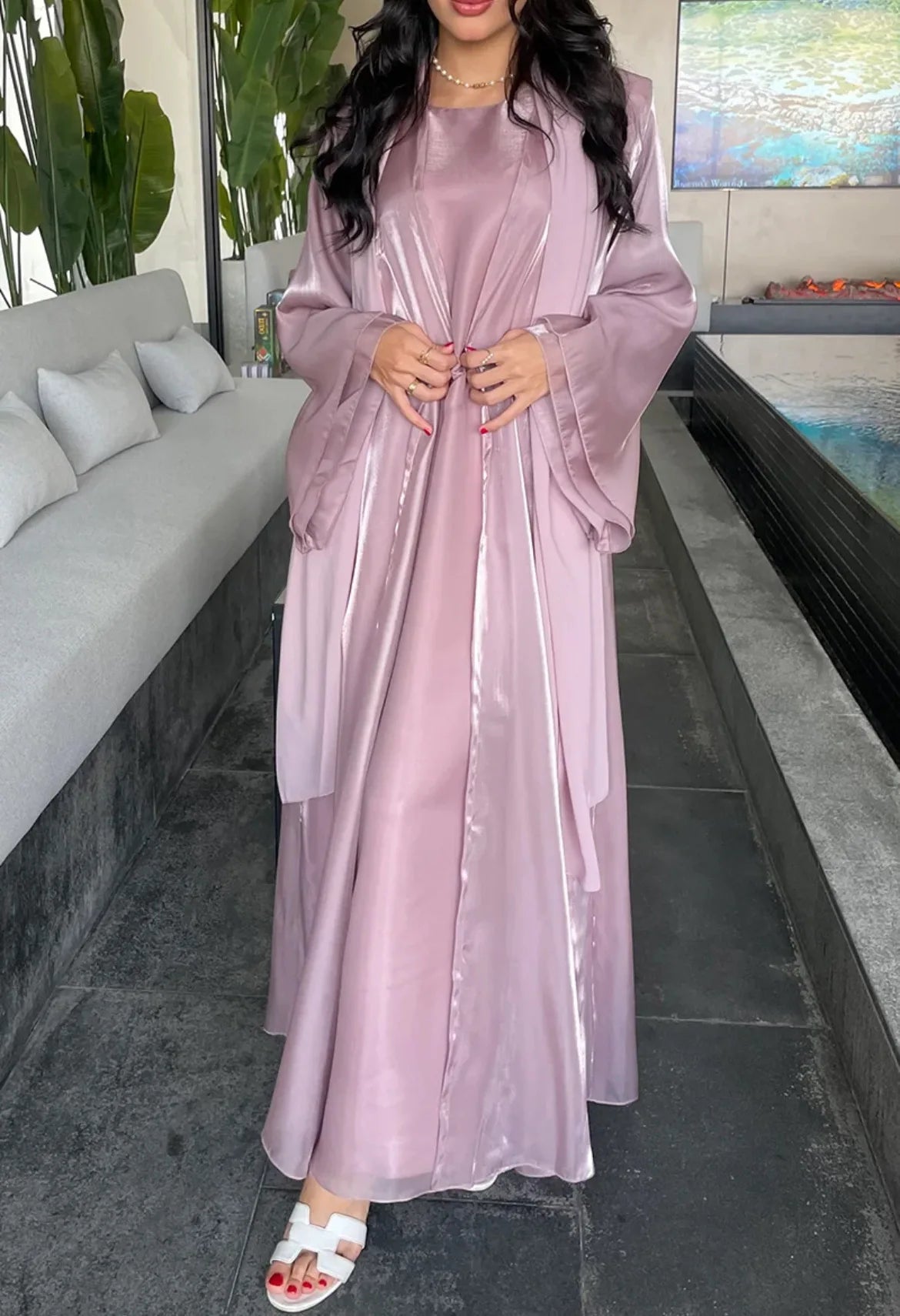 Women Eid Muslim Sets 2 Piece Dress Shiny Satin Dubai Abayas Kebaya Jalabiya Turkey Kaftan Ramadan Islam Clothing Robe Vestidos