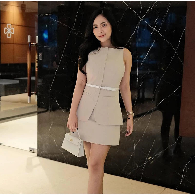 Casual Mini Dress Women Belt Slim Spring Summer O-neck Sleeveless Top Above Knee Skirt Sets Woman Vintage Fake Two Pieces Lady