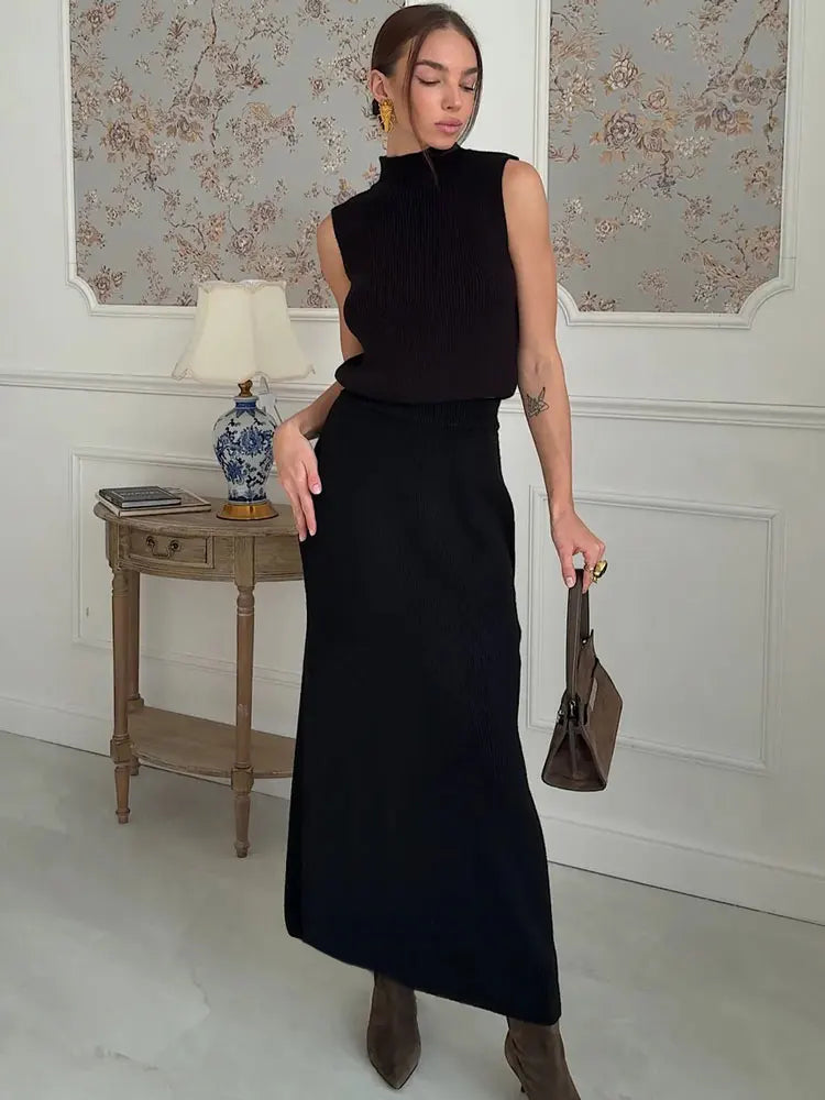 Tossy Elegant Knitwear 2 Piece-Set Long Dress Female Ribbed Sweater Pullover And Loose Patchwork Maxi Skirt Sets Ladies Outfits