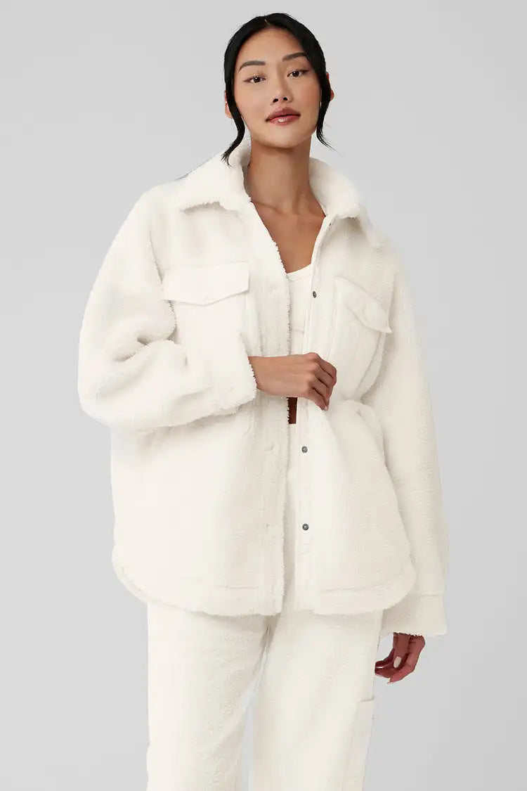 AL Coat for women Plush jacket Lapel shirt style Loose Casual White Fashion Coat Plush Medium long styles Pockets Jacket New