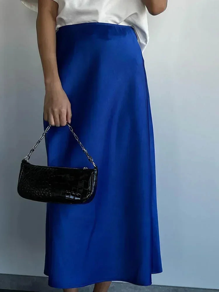 Fashion Women's Skirt A-line Silk High Waist Elegant Skirts Green Blue Long Summer Skirts Korean Side Zipper Office Satin Skirt