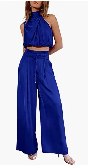 Women's Two Piece Pants Sets Open Navel Outfit Silk Pleated Texture Sleeveless Top Wide Leg Pants Set Summer Matching Sets 2024
