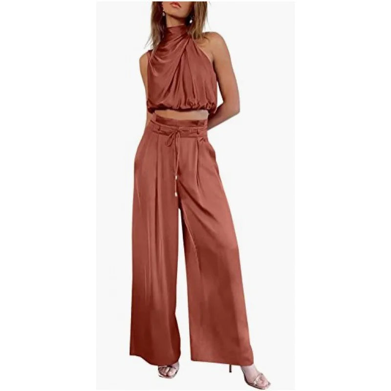 Women's Two Piece Pants Sets Open Navel Outfit Silk Pleated Texture Sleeveless Top Wide Leg Pants Set Summer Matching Sets 2024