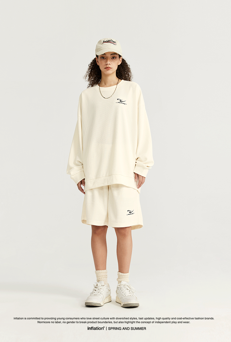 INFLATION Spring Oversized Tracksuit Sportswear Unisex Pique Fabric Embroidery Long Sleeve Tees and Shorts Set