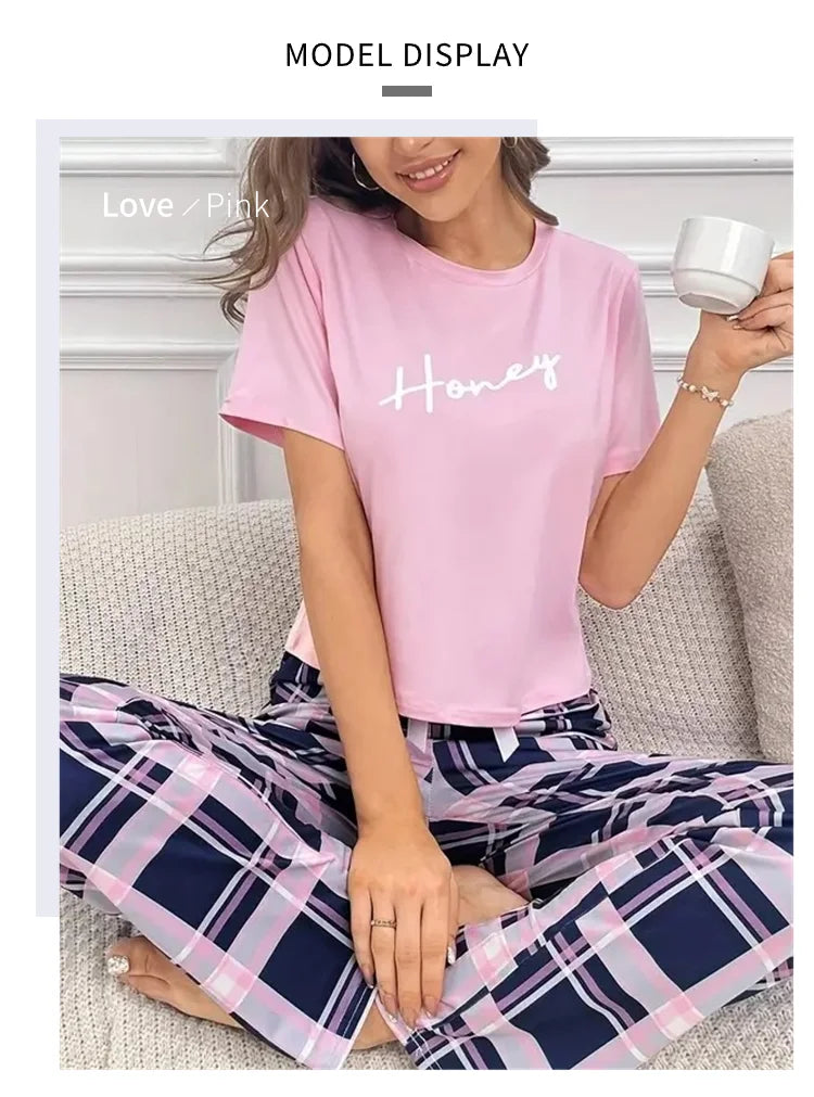 Women's Pajamas Set Casual Home Clothes Soft Comfortable Crew Neck T-Shirt & Plaid Pants Sleepwear Piece Loungewear Pyjama Femme