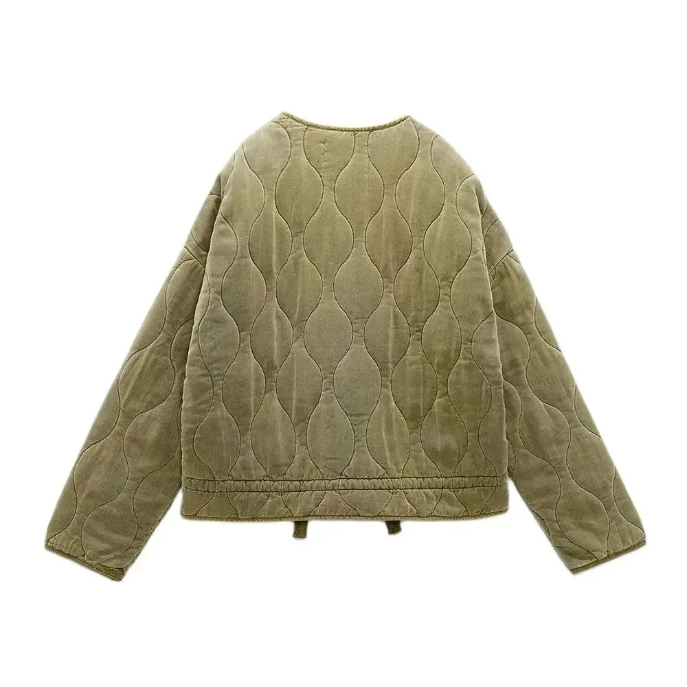 TRAF Women's Diamond Check Cotton Jacket Round Neck Loose Long Sleeve Zip Cotton Jacket Vintage Street Fashion Pocket Warm Top