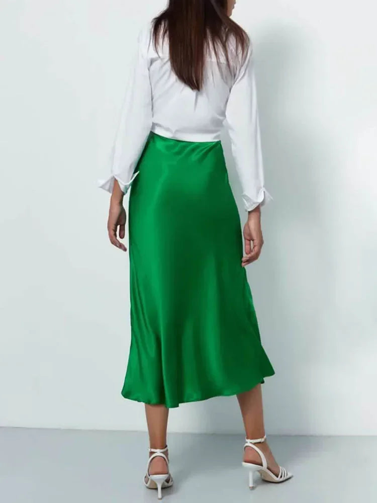 Fashion Women's Skirt A-line Silk High Waist Elegant Skirts Green Blue Long Summer Skirts Korean Side Zipper Office Satin Skirt