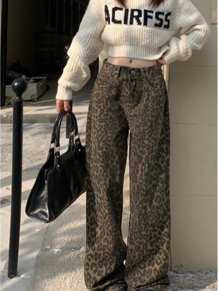 Vintage Leopard Print Pantalon Femme Wide Leg Pants Women High Waist Straight Y2k Jeans Casual Fashion Korean Jean Trousers