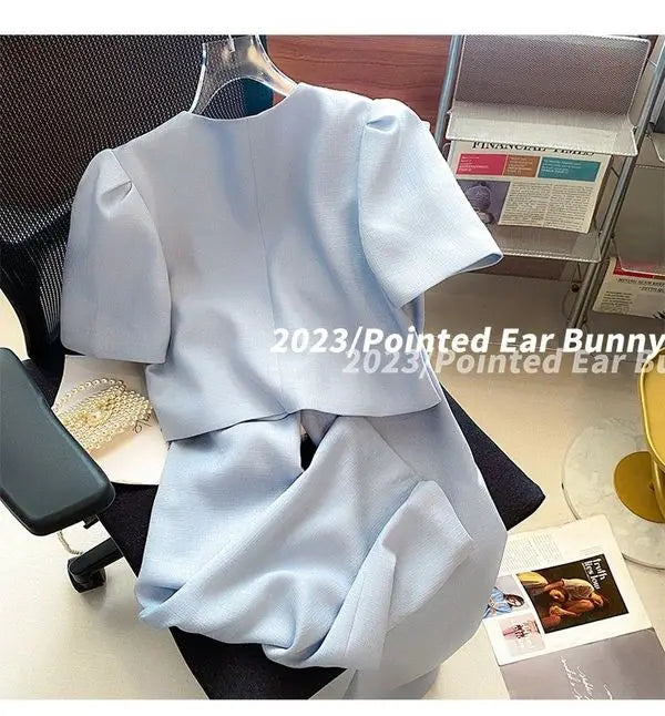 Suits for Women Tracksuit Two Piece Set V Neck Short Sleeve Coat Ropa Club Wide Leg Tailored Trousers Casual Pants Sets