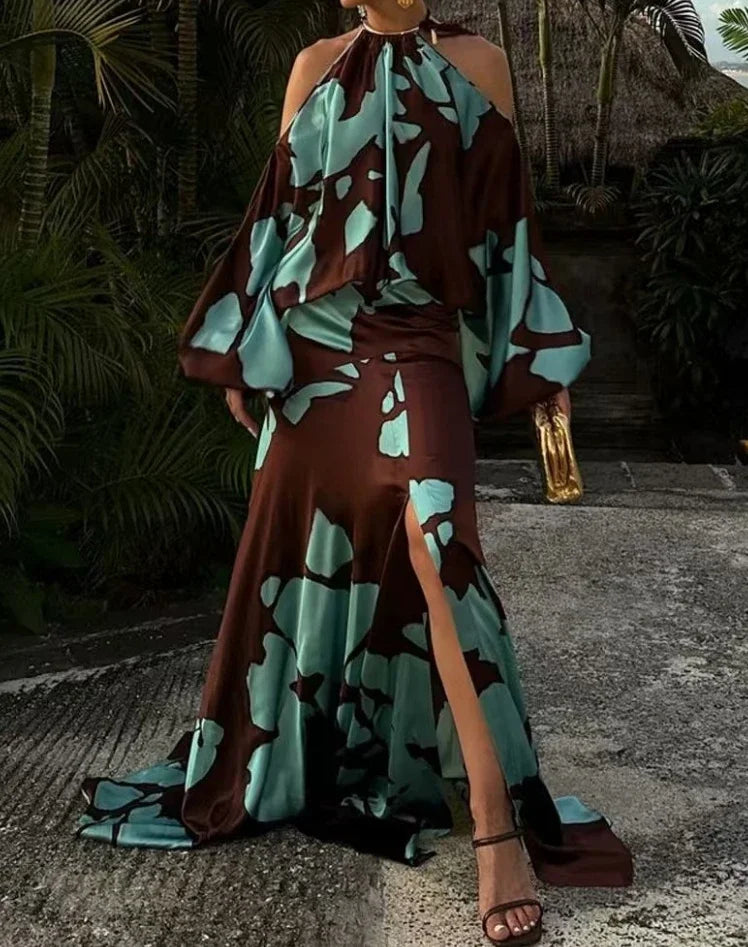Evening Dresses Vacation Style Elegant Socialite Printed Off Shoulder Slit Dress