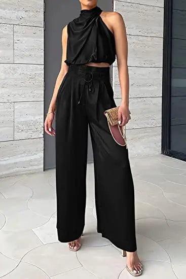 Women's Two Piece Pants Sets Open Navel Outfit Silk Pleated Texture Sleeveless Top Wide Leg Pants Set Summer Matching Sets 2024