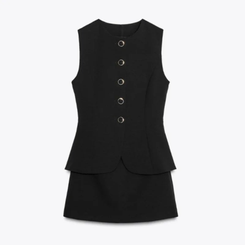 Casual Mini Dress Women Belt Slim Spring Summer O-neck Sleeveless Top Above Knee Skirt Sets Woman Vintage Fake Two Pieces Lady