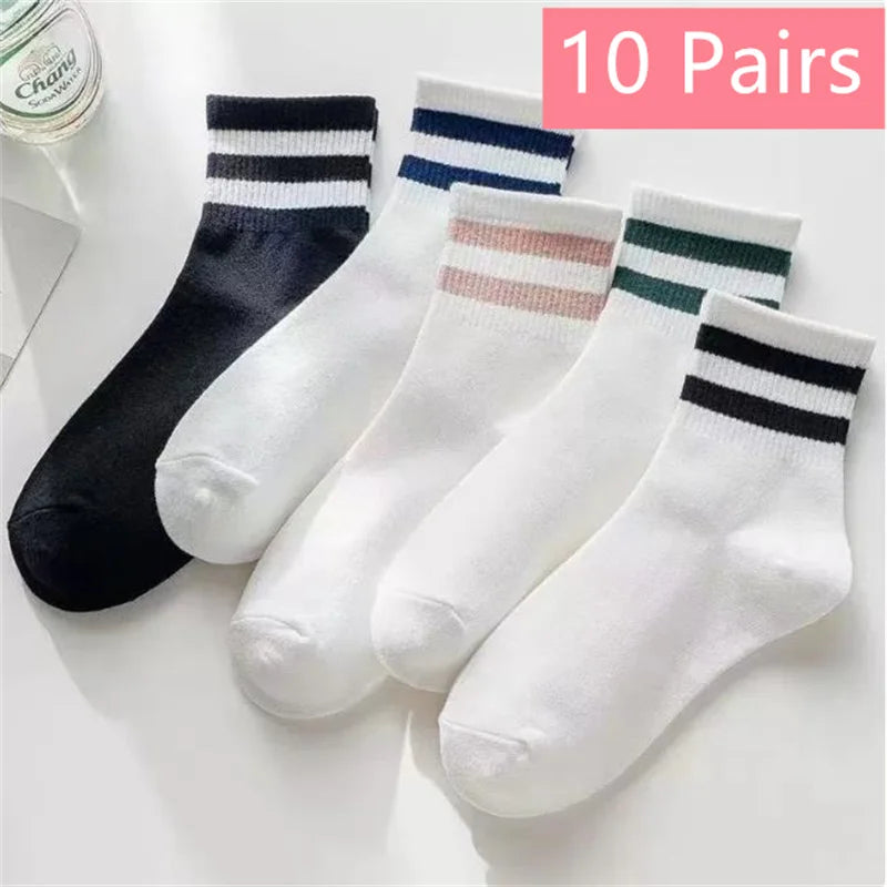 1/5/10 Pairs women's and men's white sock, mid length socks, Korean version socks, striped autumn and winter casual sports sock