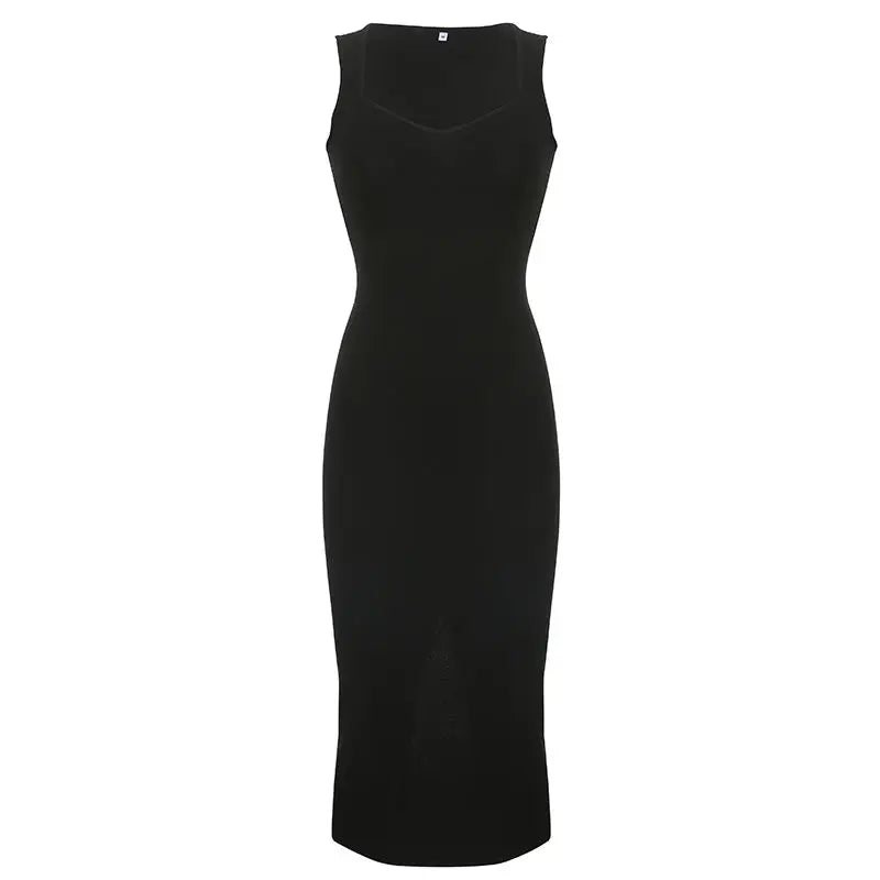 Temperament Square Neck Long Dress for Women Sexy Solid Screw Thread Sleeveless Split Dresses Slim Pullover Office Lady Vestidos