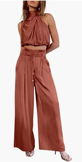 Women's Two Piece Pants Sets Open Navel Outfit Silk Pleated Texture Sleeveless Top Wide Leg Pants Set Summer Matching Sets 2024