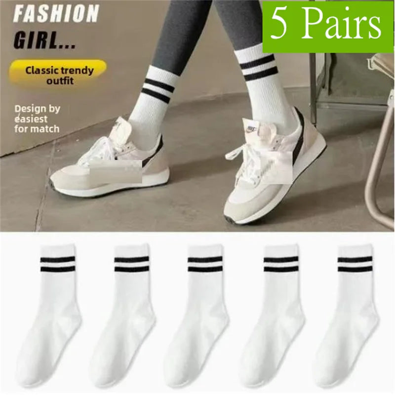 1/5/10 Pairs women's and men's white sock, mid length socks, Korean version socks, striped autumn and winter casual sports sock