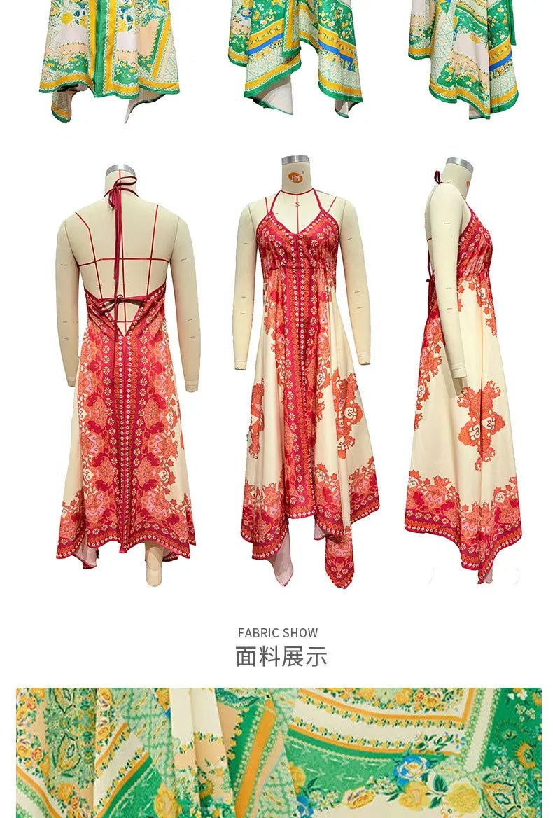 Women's Summer V-neck Halter Bohemian Floral Long Dress,Women Clothing,Red Dress,Sexy Dress Women,Sundress,Beach Dresses