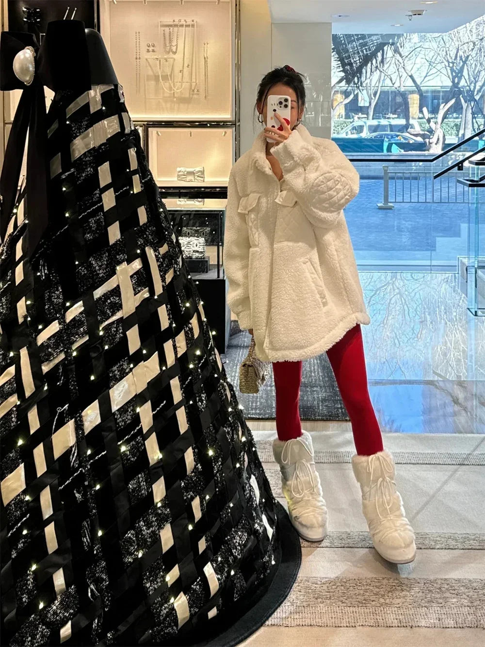 AL Coat for women Plush jacket Lapel shirt style Loose Casual White Fashion Coat Plush Medium long styles Pockets Jacket New