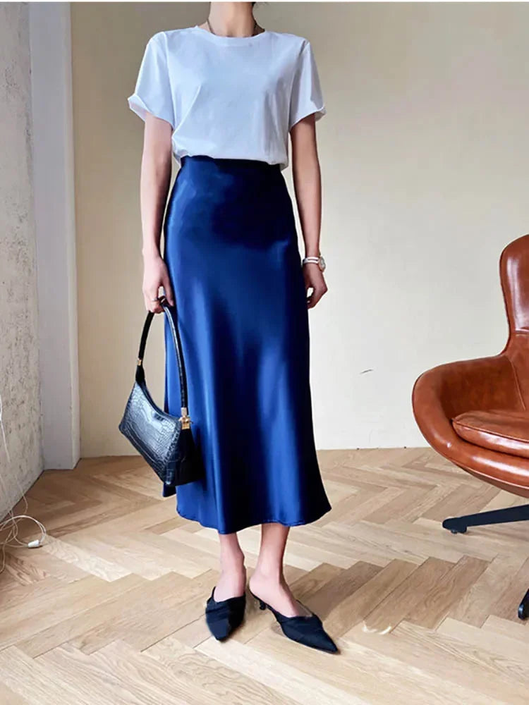 Fashion Women's Skirt A-line Silk High Waist Elegant Skirts Green Blue Long Summer Skirts Korean Side Zipper Office Satin Skirt