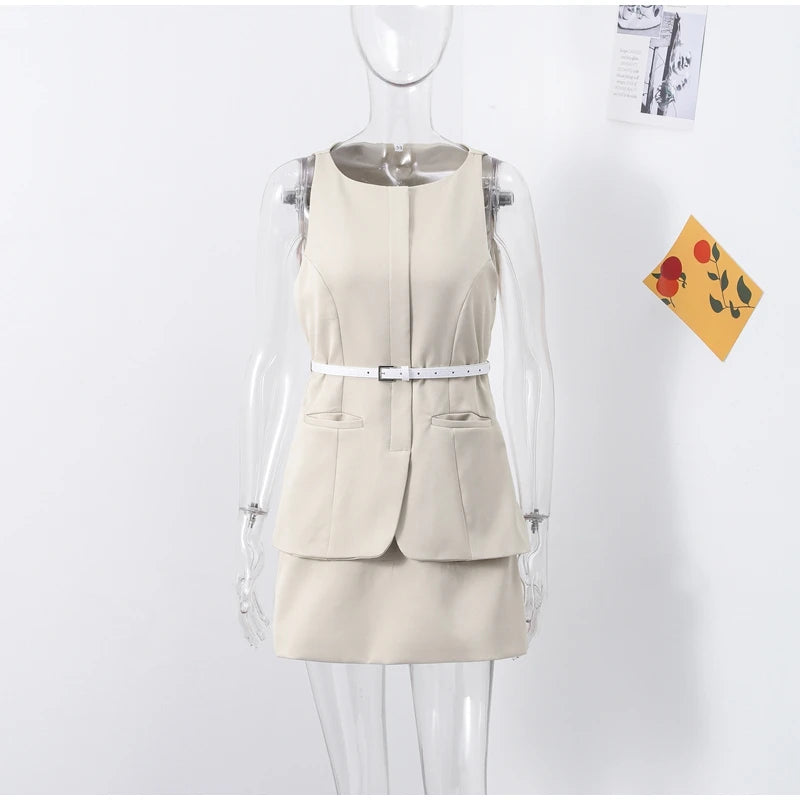 Casual Mini Dress Women Belt Slim Spring Summer O-neck Sleeveless Top Above Knee Skirt Sets Woman Vintage Fake Two Pieces Lady