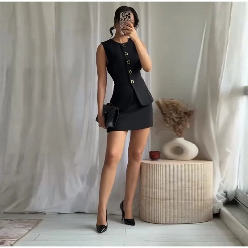 Casual Mini Dress Women Belt Slim Spring Summer O-neck Sleeveless Top Above Knee Skirt Sets Woman Vintage Fake Two Pieces Lady
