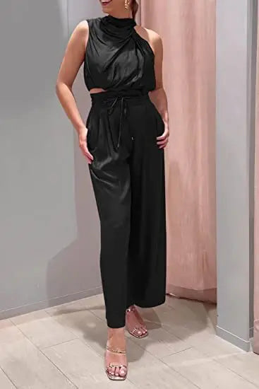 Women's Two Piece Pants Sets Open Navel Outfit Silk Pleated Texture Sleeveless Top Wide Leg Pants Set Summer Matching Sets 2024