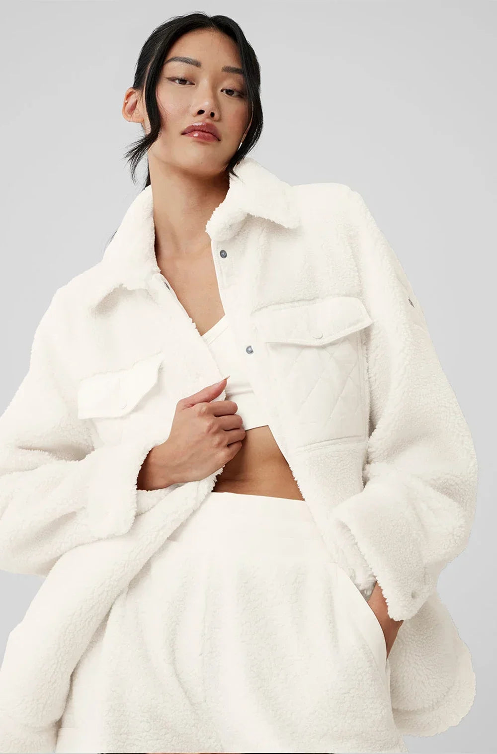 AL Coat for women Plush jacket Lapel shirt style Loose Casual White Fashion Coat Plush Medium long styles Pockets Jacket New