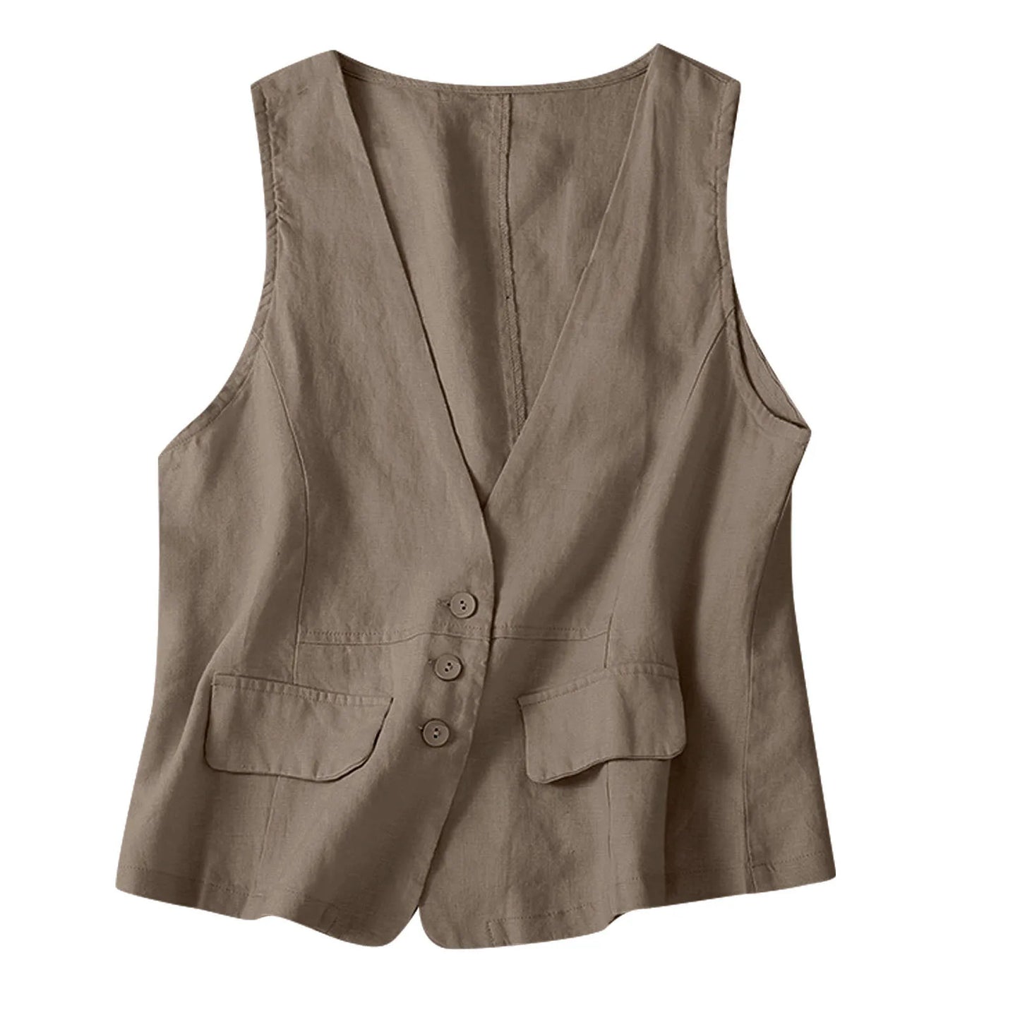 Vintage Vest Summer Top Deep V-Neck Solid Waistcoat Casual Sleeveless Tank Tops Cotton Linen Thin Outerwear Vest Coat Women