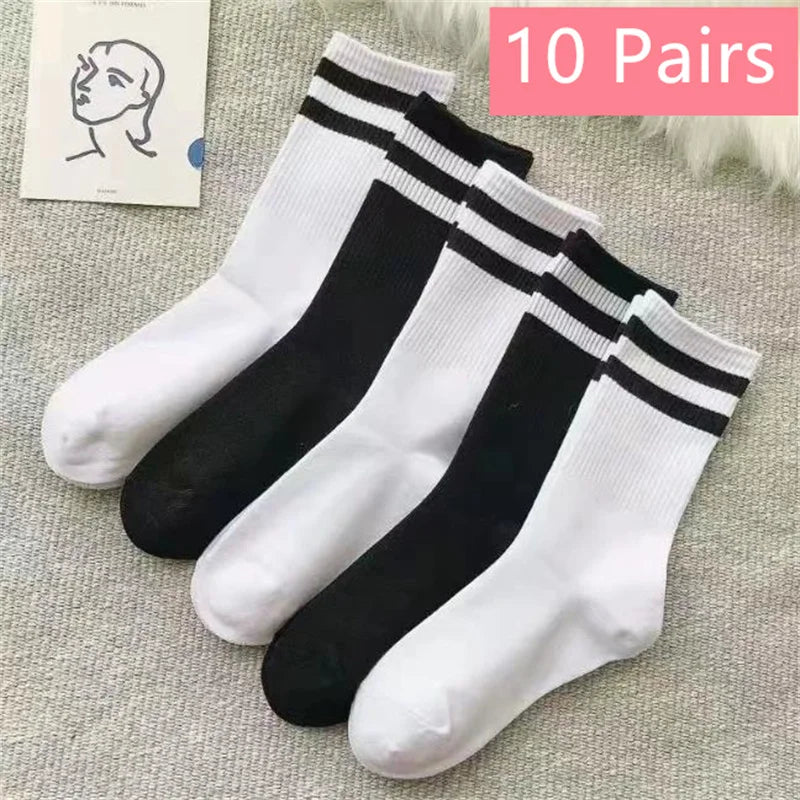 1/5/10 Pairs women's and men's white sock, mid length socks, Korean version socks, striped autumn and winter casual sports sock