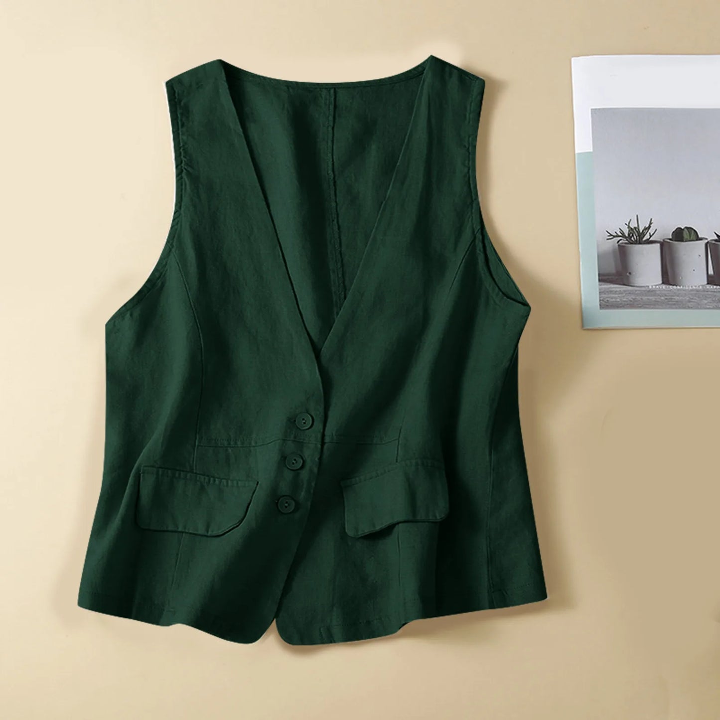 Vintage Vest Summer Top Deep V-Neck Solid Waistcoat Casual Sleeveless Tank Tops Cotton Linen Thin Outerwear Vest Coat Women