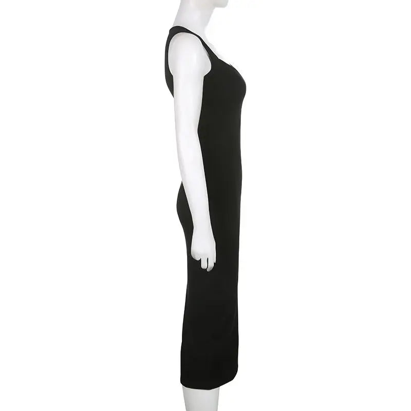Temperament Square Neck Long Dress for Women Sexy Solid Screw Thread Sleeveless Split Dresses Slim Pullover Office Lady Vestidos