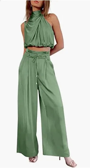 Women's Two Piece Pants Sets Open Navel Outfit Silk Pleated Texture Sleeveless Top Wide Leg Pants Set Summer Matching Sets 2024