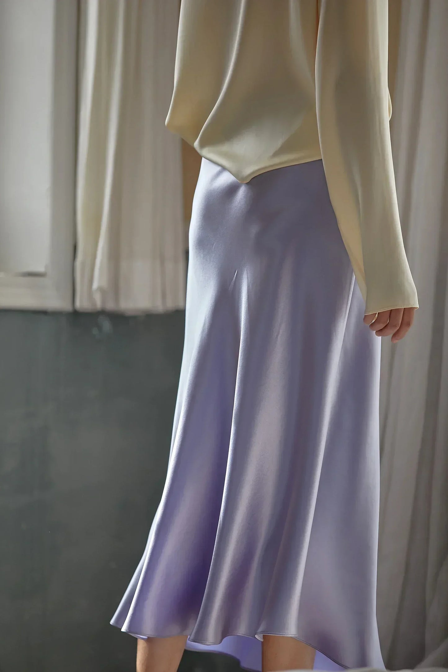 Fashion Women's Skirt A-line Silk High Waist Elegant Skirts Green Blue Long Summer Skirts Korean Side Zipper Office Satin Skirt