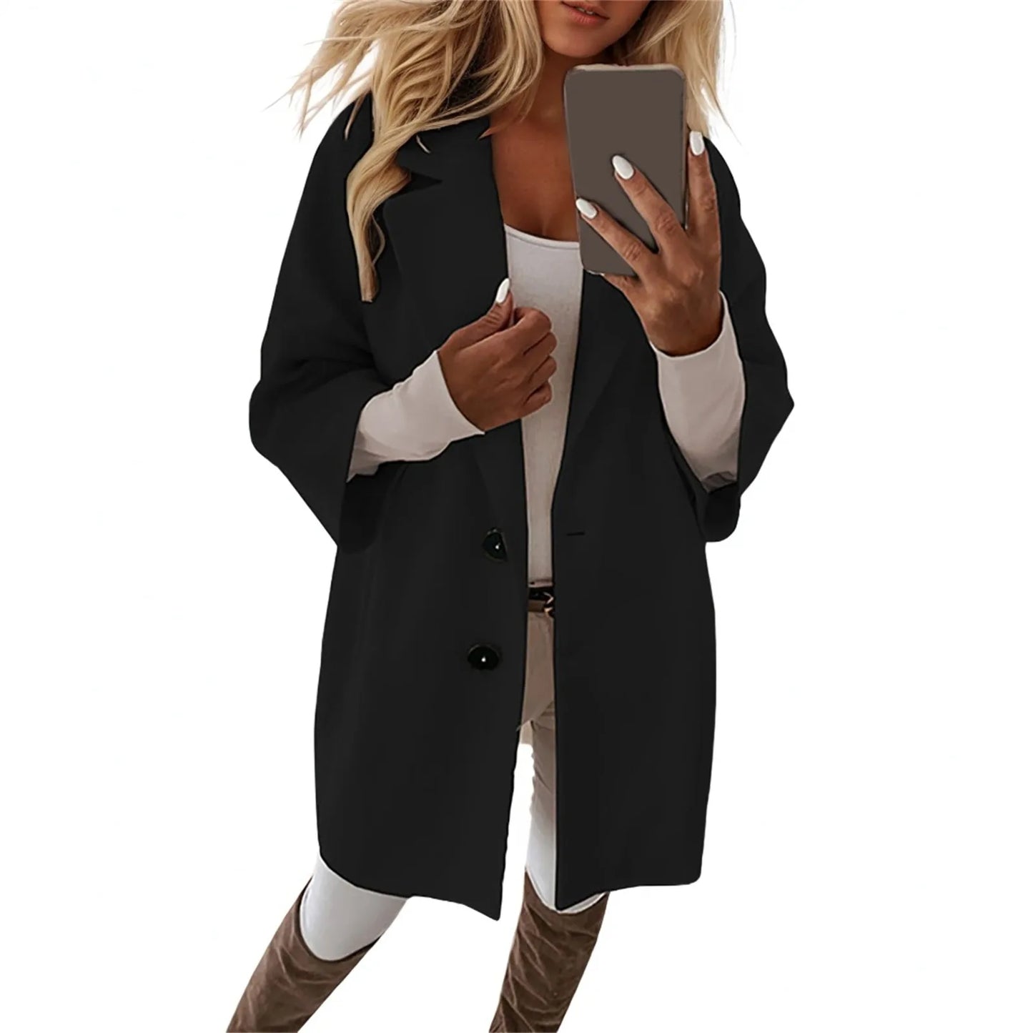 Women'S Coat Fashionable Versatile Tweed Coat Solid Color Sinking Shoulder Seven-Quarter Sleeve Single-Breasted Jacket Women
