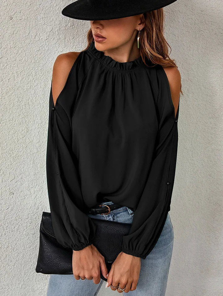 Sexy Off Shoulder Women's Blouse 2023 Spring Autumn Long Sleeve Casual Loose Shirt Black Green Tops Office Ladies Blouses