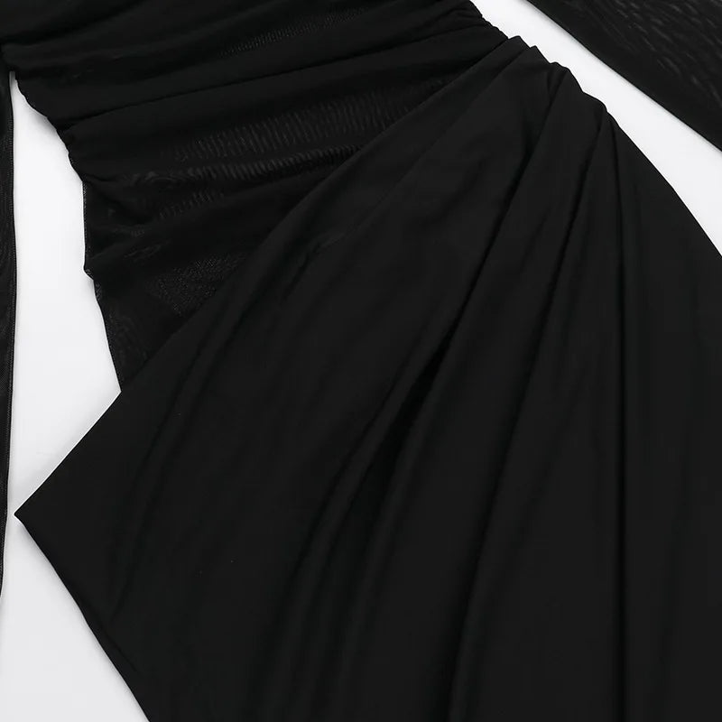 Y2k Summer New Solid Color Long Sleeve Off Shoulder Dresses Sexy Wrap Hip Mesh See Through Ruched Patchwork Long Dress 2024 New