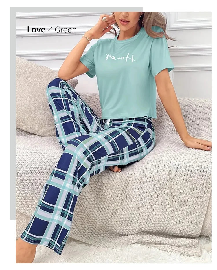 Women's Pajamas Set Casual Home Clothes Soft Comfortable Crew Neck T-Shirt & Plaid Pants Sleepwear Piece Loungewear Pyjama Femme